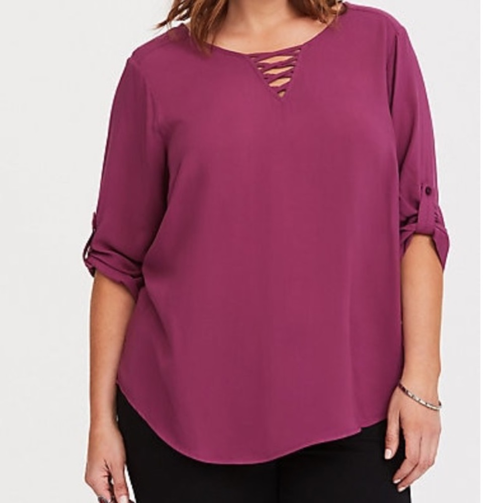 Torrid Burgundy 3/4 Sleeve Challis Strappy Blouse